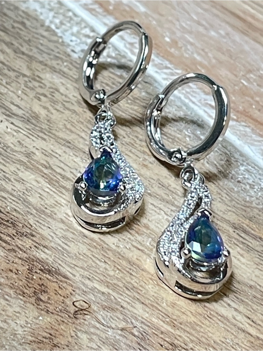 Blue Green AB Mystic Stone Teardrop Dangle Earrings in Silver Tone Setting
